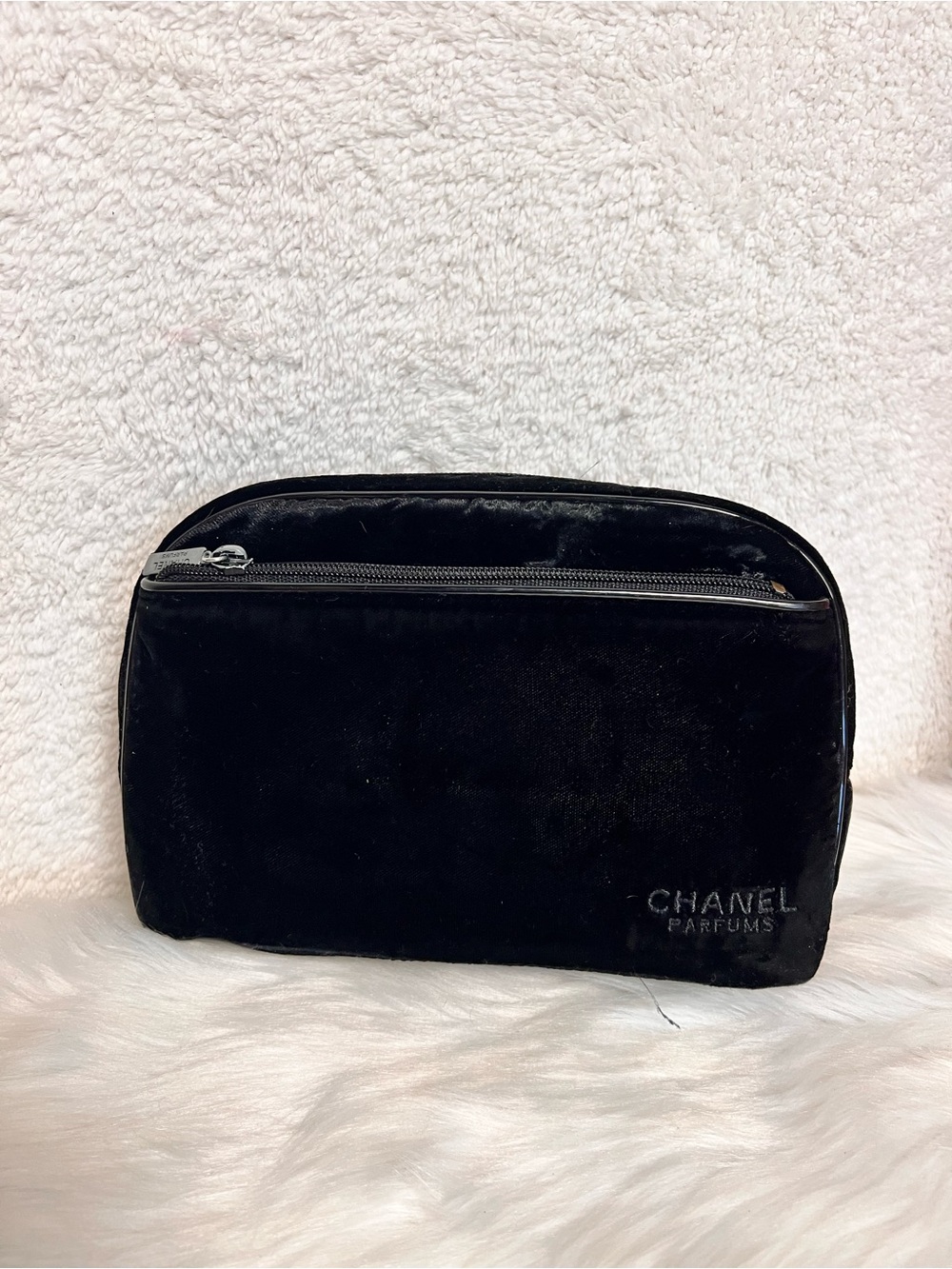 CHANEL Black Velvet Toiletry Pouch with Branded Logo